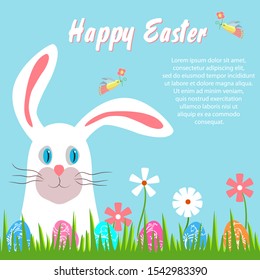 Children card, invitation to the Easter holiday, egg hunt. Vector flat illustration. White easter bunny peeps out of the grass. Painted eggs lie in grass. Joyful poster, print with a rabbit, flowers