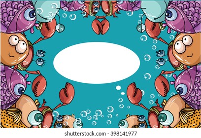 Children card for your text with the fish and the sea aquarium, sea greeting, fish, sea crab