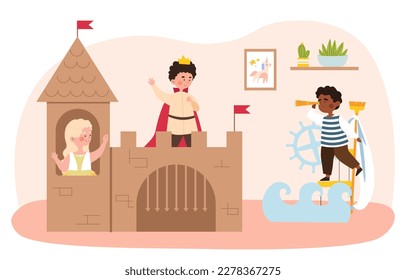 Children cardboard castle. Boy in a crown and girl in blue dress in old building. Children have fun in childrens room, spend time together.