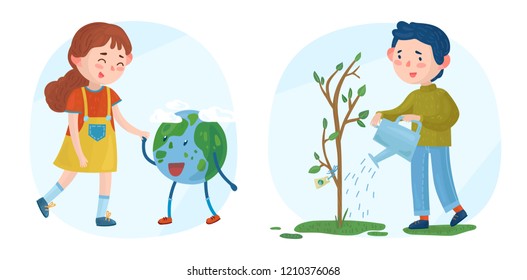 Children care about the environment. Vector illustration
