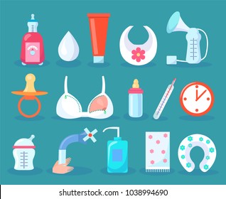 Children care collection items, tube and baby monitor, bra and soother, dummy and thermometer, clock and gel cushion, isolated on vector illustration