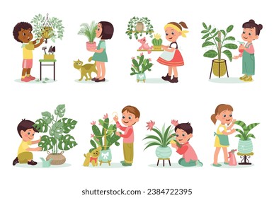 Los niños cuidan de las plantas del hogar. Gente feliz cultivando plantas domésticas. Niños con flores de maceta domésticas. Cactus regador de chicas. Chico rociando hojas de monstera. Pequeños jardineros