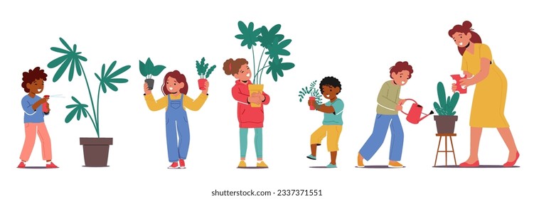 Los Niños Cuidan De Las Plantas Domésticas Proporcionando Agua Y Luz Solar. Los Personajes Infantiles Aprenden A Ser Responsables Y Disfrutan De La Belleza Y Los Beneficios De La Alimentación De Las Plantas Vivas. Ilustración de vectores de personas de caricatura