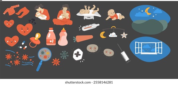 children care medicine health vector illustration wellness vaccine ill sick. immune mum natal newborn motherhood breastfeed heart doodle