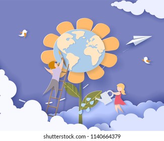 Children caring for the Earth flower with blue sky background. Save the planet card. Vector illustration. Paper cut and craft style.