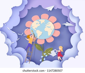 Children caring for the Earth flower with blue sky background. Save the planet card. Vector illustration. Paper cut and craft style.