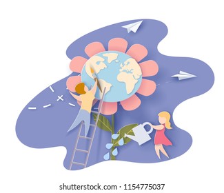 Children caring for the Earth flower with blue sky background. Save the planet card. Vector illustration. Paper cut and craft style.