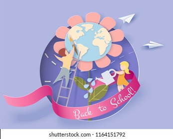 Children caring for the Earth flower with blue sky background. Save the planet card. Vector illustration. Paper cut and craft style.