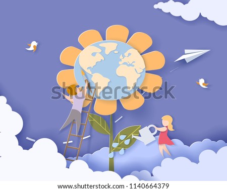 Children caring for the Earth flower with blue sky background. Save the planet card. Vector illustration. Paper cut and craft style.