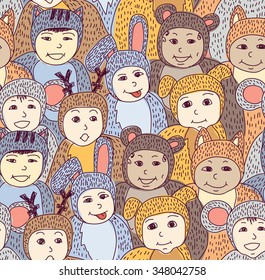 Children carnival costume animals seamless pattern color. Big group of happy baby. Color vector illustration. EPS8