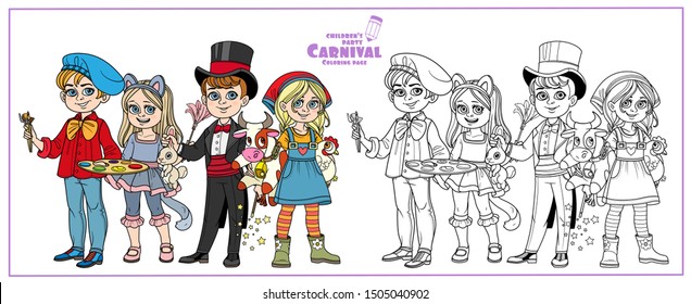 Children in carnival costumes of the artist, magician, cat and farmer girl color and outlined for coloring page