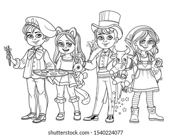 Children in carnival costumes of the artist, magician, cat and farmer girl outlined for coloring page