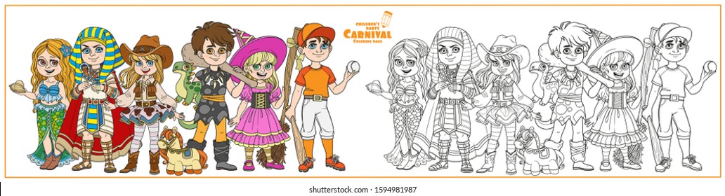 Children in carnival costumes baseball player, mermaid, cowgirl, egyptian pharaoh, caveman, witch characters color and outlined for coloring page