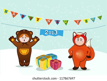 Children in carnival costumes.Fox and Bear.New Year