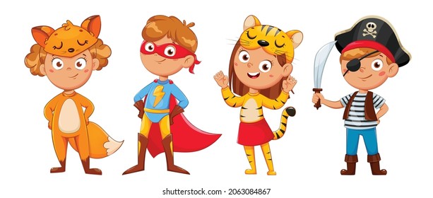 Children in carnival costumes for Christmas and other holidays. Cute kids cartoon characters