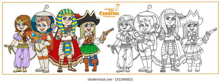 Children in carnival costumes of the eastern dancer, astronaut, Egyptian pharaoh, pirate color and outlined for coloring page