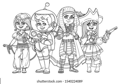 Children in carnival costumes of the eastern dancer, astronaut, egyptian pharaoh, pirate outlined for coloring page