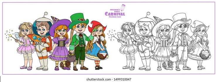 Children in carnival costumes of the fairy, leprechaun, astronaut, witch, little red riding hood color and outlined for coloring page