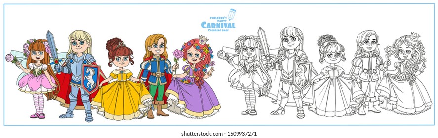 Children in carnival costumes of the fairy,prince, princess and knight color and outlined for coloring page