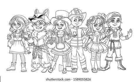 Children in carnival costumes farmer girl, werewolf, native american, leprechaun, fairy, fireman characters outlined for coloring page