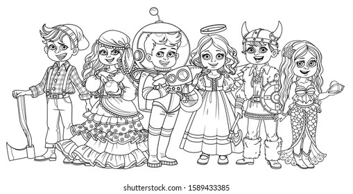 Children in carnival costumes fortune teller, astronaut, lumberjack, viking, mermaid, angel characters outlined for coloring page