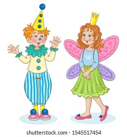 Children in carnival costumes. Little cute girl and funny boy in  butterfly and clown costumes. For a school party. In cartoon style. Isolated on  white background. Vector illustration.