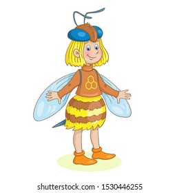 Children in carnival costumes. Little funny girl in a bee costume. For a school party. In cartoon style. Isolated on a white background. Vector illustration.