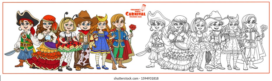 Children in carnival costumes pirate, fortune teller, prince, starry night, cowboy and ladybug characters color and outlined for coloring page