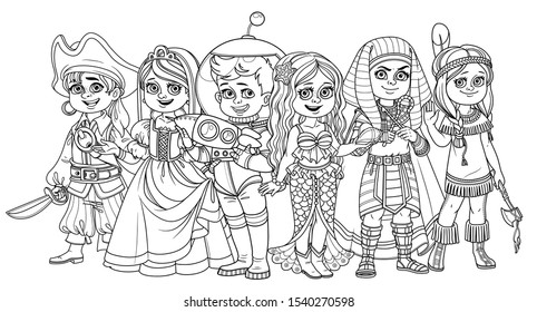 Children in carnival costumes of the pirate, princess, astronaut, mermaid, pharaoh, native american outlined for coloring page