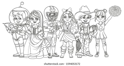 Children in carnival costumes princess, astronaut, prehistoric man, american football player, cowboy, cheerleader characters outlined for coloring page