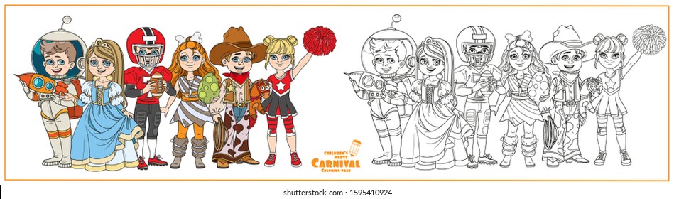 Children in carnival costumes princess, astronaut, prehistoric man, american football player, cowboy, cheerleader characters color and outlined for coloring page