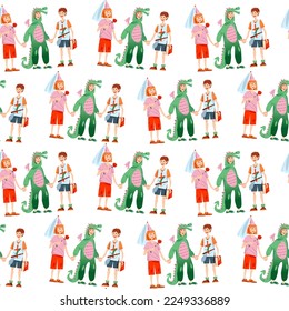 Children in carnival costumes: princess, dragon and knight. Diada de Sant Jordi (the Saint George’s Day). Seamless background pattern. Vector illustration  

