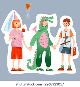 Children in carnival costumes: princess, dragon and knight. Diada de Sant Jordi (the Saint George’s Day). Traditional festival in Catalonia, Spain. Vector illustration  

