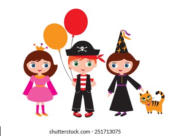 Children in carnival costumes. Princess, pirate and a witch with a cat. Halloween, Christmas, New Year, birthday, holiday, party. Vector illustration.