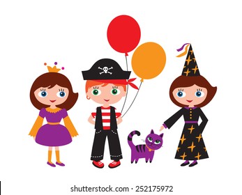 Children in carnival costumes. Princess, pirate and a witch with a magic cat. Halloween, Christmas, New Year, birthday, holiday, party. Vector illustration.