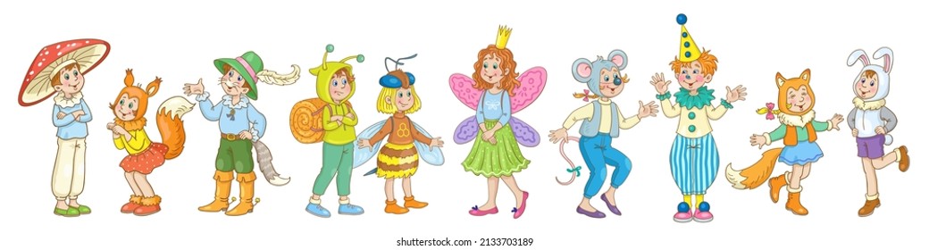 Children in carnival costumes. For a school party. Banner in cartoon style. Isolated on white background. Vector illustration