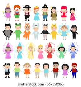 Children in carnival costumes, set. Children of different nationalities in the festivities, theatrical costumes. Cartoon characters, funny kids