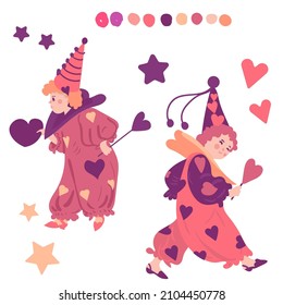 Children in carnival costumes, St. Valentine's day. Vector illustration on white background.