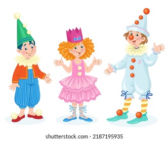 Children in carnival costumes. Two boys are clowns and little girl is a princess. To a school party. In cartoon style. Isolated on white background. Vector flat illustration.