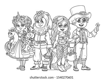 Children in carnival costumes of the unicorn, leprechaun, santa claus, mermaid outlined for coloring page