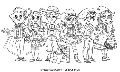 Children in carnival costumes vampire, artist, cowgirl, farmer, Little Red Riding Hood, mouse characters outlined for coloring page
