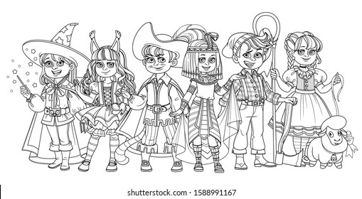 Children in carnival costumes wizard, egyptian queen, squirrel, lumberjack, puss in boots and shepherdess characters outlined for coloring page