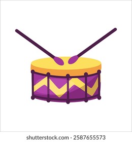 Children carnival drum with drumsticks on a white background. Musical instrument for music school, carnival, holiday, street parade. Isolated vector illustration.