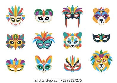 Children carnival mask. Abstract festival masks, animals faces and decorative accessories. Birthday or party elements, decent vector collection