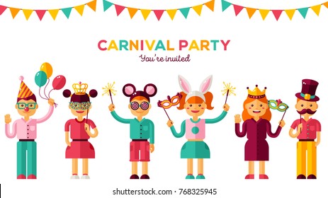 Fiesta de carnaval de niños. Ilustración vectorial. Amigos celebrando el cumpleaños y riendo juntos. Grupo de chicos y chicas felices disfrazados en el desfile. Personajes de caricatura con accesorios fotográficos