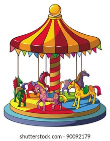 Children carousel with colorful horses, merry go round, vector illustration