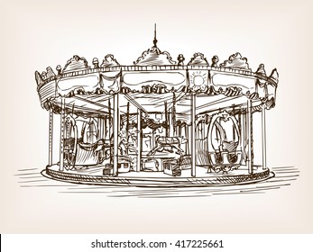 Children carousel sketch style vector illustration. Old engraving imitation. 