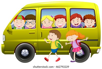 Children Carpooling On The Van Illustration