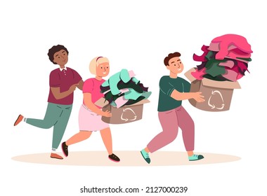 Children Carry Box With Textile Clothes For Recycling.Eco Friendly,Sustainable Fashion,Recyclable Manufacturing Brand,Green Technologies,Ethical Clothing Production Selling Concept.Vector Illustration