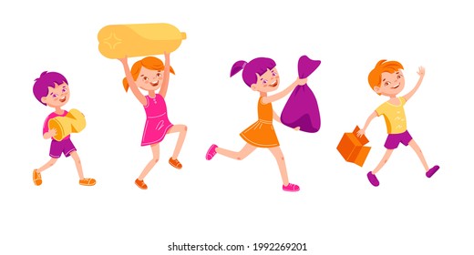 Children carry garbage for recycling. Vector illustration in flat cartoon style. Isolated on a white background.